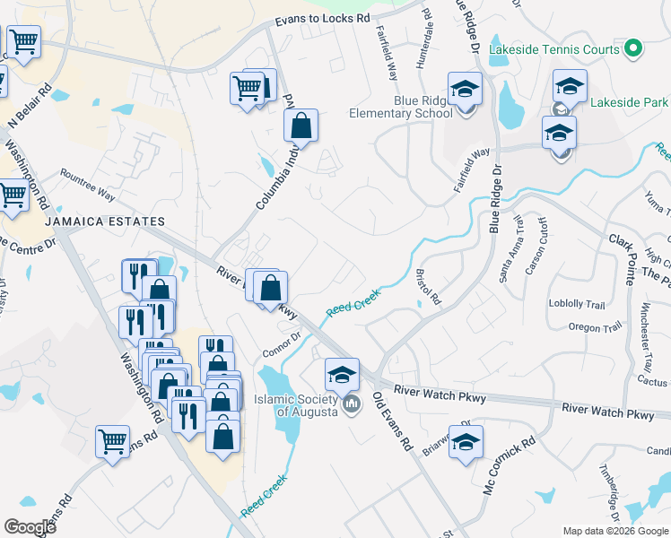 map of restaurants, bars, coffee shops, grocery stores, and more near 4361 River Watch Parkway in Evans