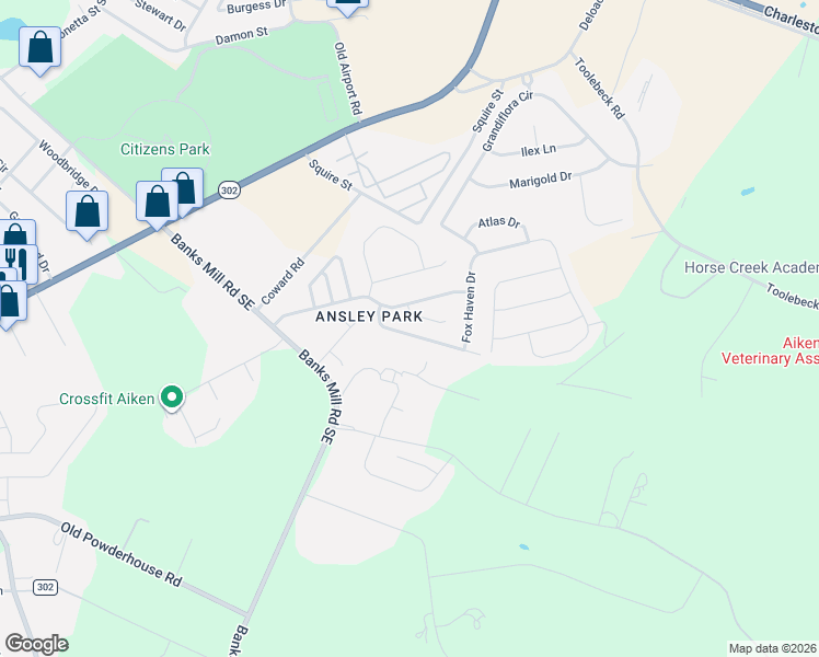 map of restaurants, bars, coffee shops, grocery stores, and more near 176 Fox Haven Drive in Aiken