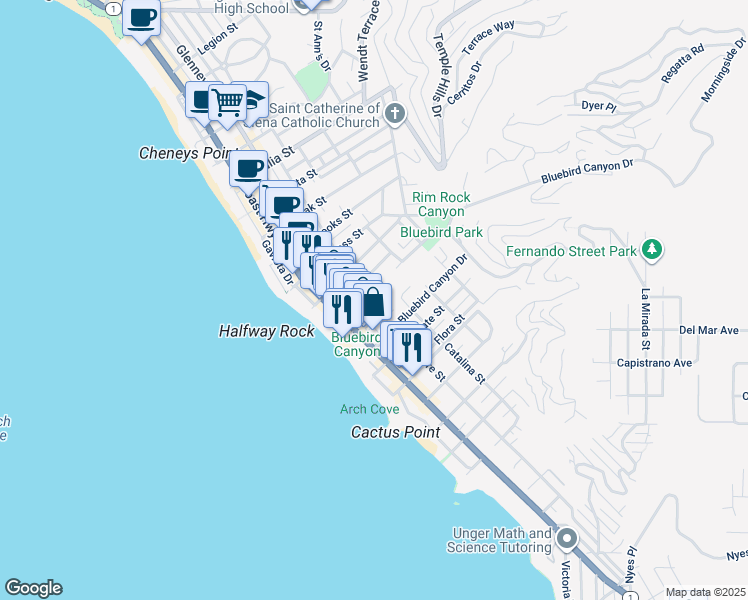 map of restaurants, bars, coffee shops, grocery stores, and more near 1559 Glenneyre Street in Laguna Beach