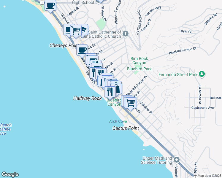 map of restaurants, bars, coffee shops, grocery stores, and more near 30824 South Coast Highway in Laguna Beach