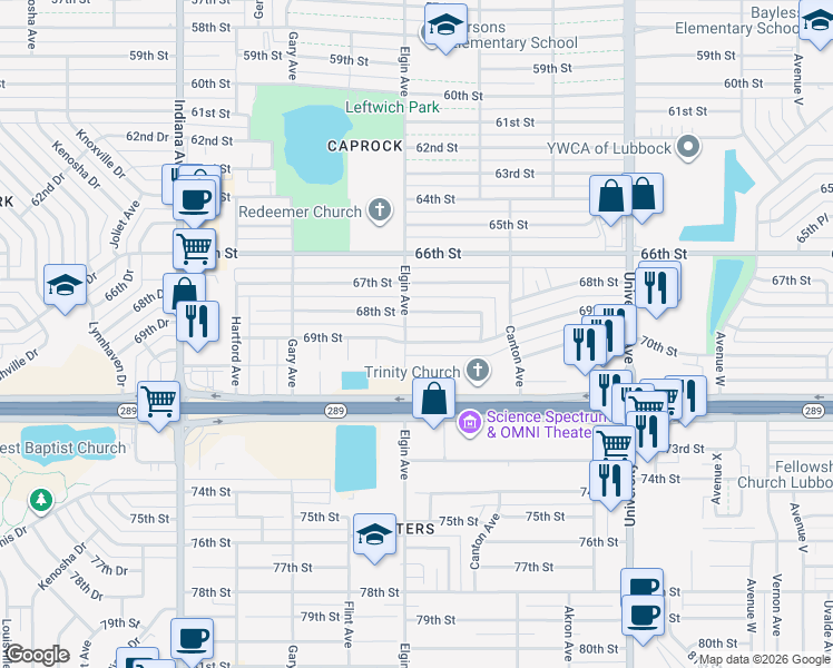 map of restaurants, bars, coffee shops, grocery stores, and more near 2921 69th Street in Lubbock