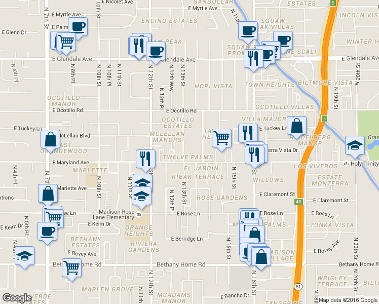 map of restaurants, bars, coffee shops, grocery stores, and more near 1336 East Maryland Avenue in Phoenix