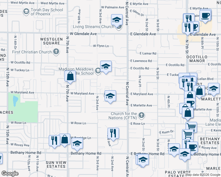 map of restaurants, bars, coffee shops, grocery stores, and more near 39 West Maryland Avenue in Phoenix