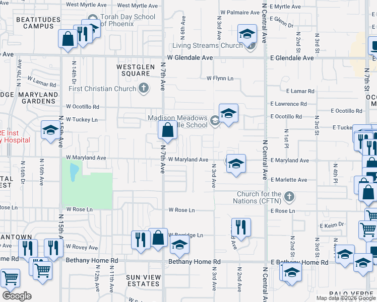 map of restaurants, bars, coffee shops, grocery stores, and more near 6315 North 4th Drive in Phoenix