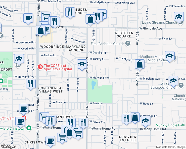 map of restaurants, bars, coffee shops, grocery stores, and more near 1432 West Maryland Avenue in Phoenix