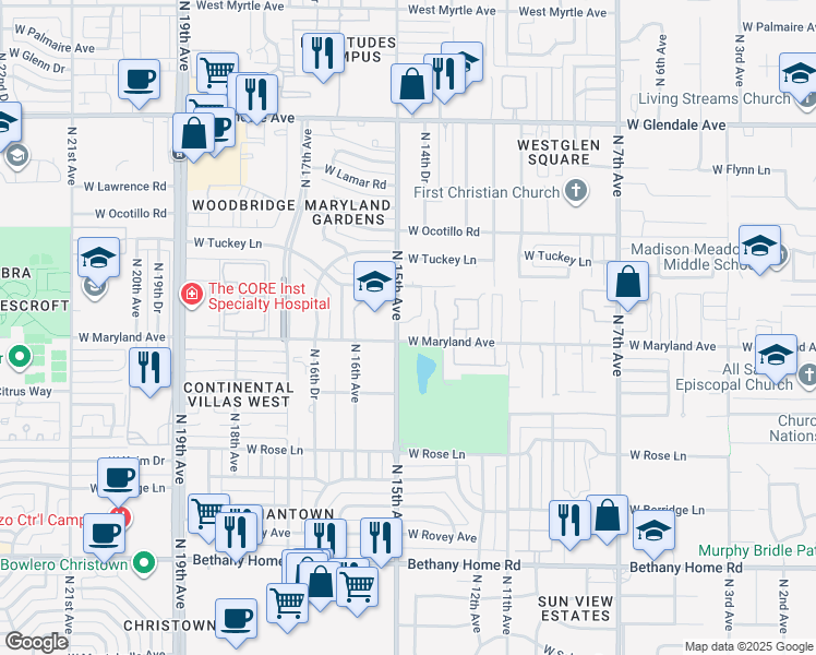 map of restaurants, bars, coffee shops, grocery stores, and more near 1432 West Maryland Avenue in Phoenix