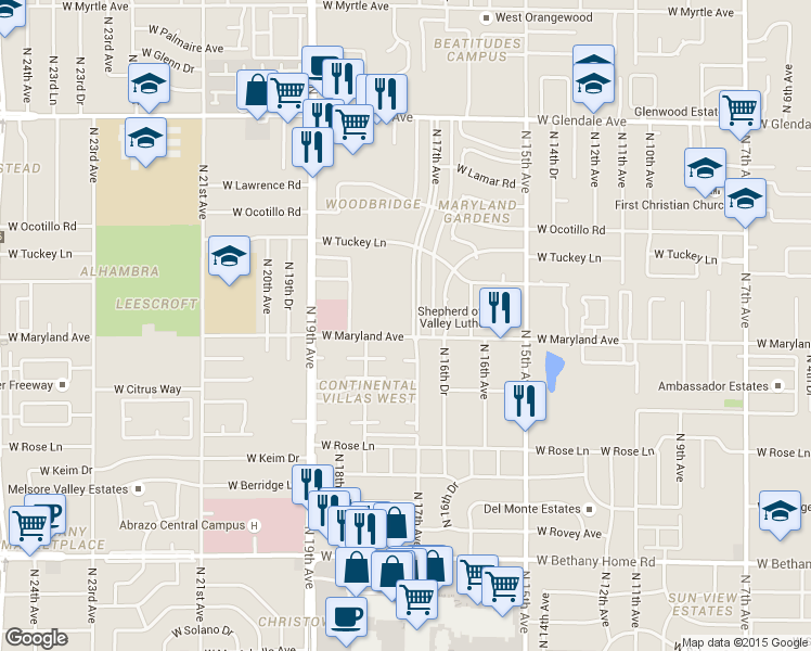 map of restaurants, bars, coffee shops, grocery stores, and more near 1729 West Maryland Avenue in Phoenix