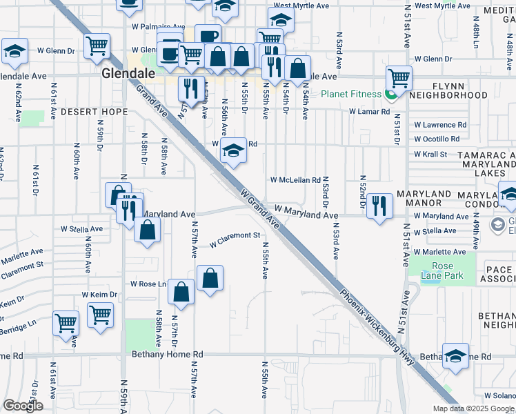 map of restaurants, bars, coffee shops, grocery stores, and more near 5450 Phoenix-Wickenburg Highway in Glendale