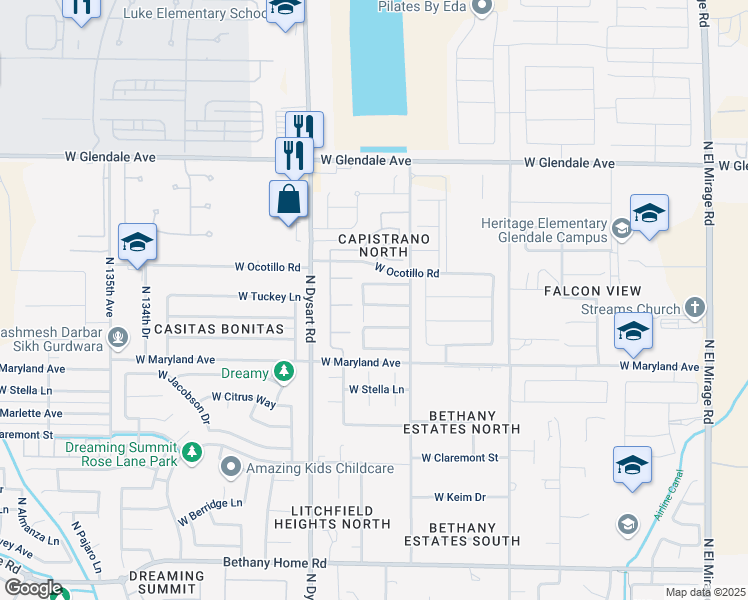 map of restaurants, bars, coffee shops, grocery stores, and more near 12930 West McLellan Road in Glendale