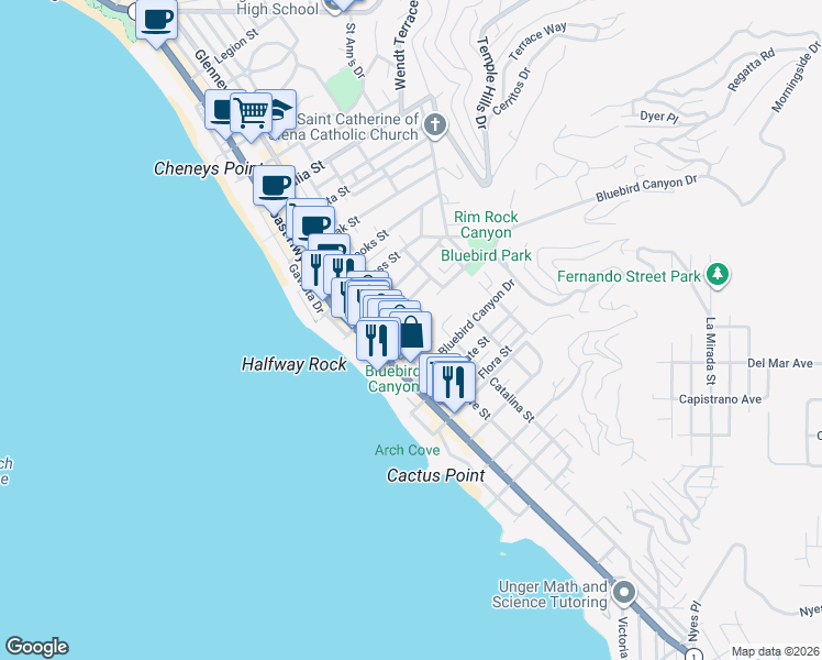 map of restaurants, bars, coffee shops, grocery stores, and more near 1559 Glenneyre Street in Laguna Beach