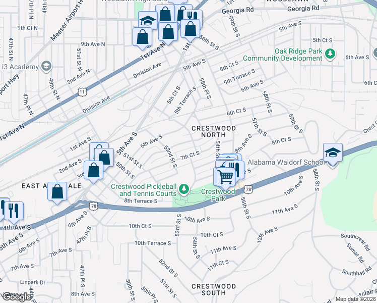 map of restaurants, bars, coffee shops, grocery stores, and more near 5301 7th Court South in Birmingham