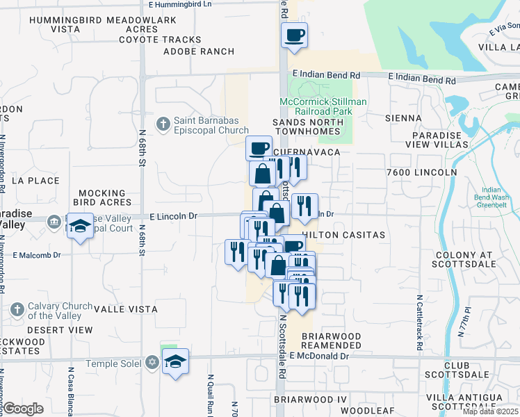 map of restaurants, bars, coffee shops, grocery stores, and more near 7100 East Lincoln Drive in Paradise Valley