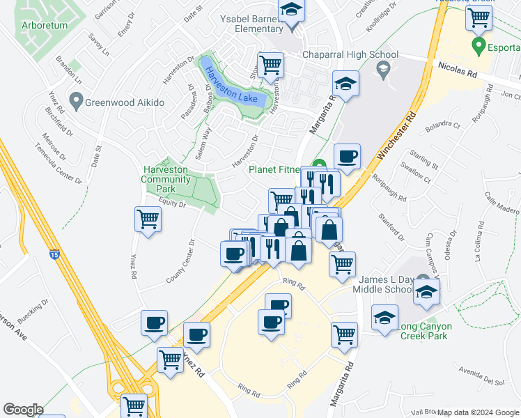 map of restaurants, bars, coffee shops, grocery stores, and more near 40548 Charleston Street in Temecula