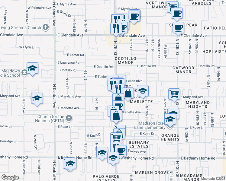 map of restaurants, bars, coffee shops, grocery stores, and more near 6516 North 7th Street in Phoenix
