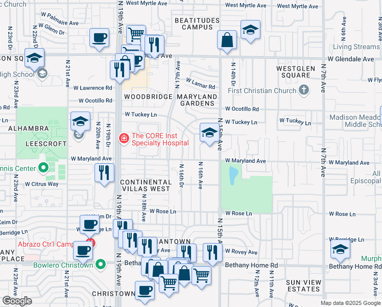 map of restaurants, bars, coffee shops, grocery stores, and more near 1625 West Maryland Avenue in Phoenix