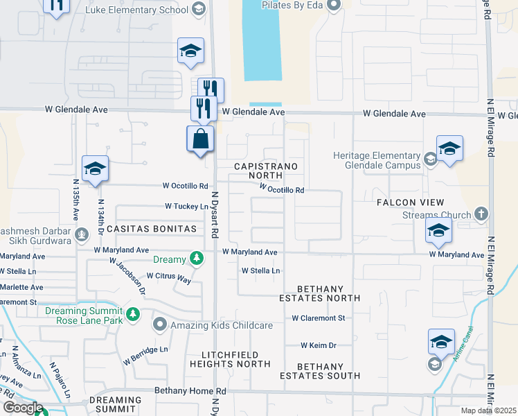 map of restaurants, bars, coffee shops, grocery stores, and more near 12930 West McLellan Road in Glendale