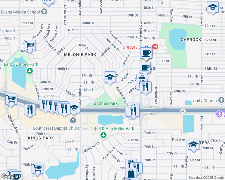 map of restaurants, bars, coffee shops, grocery stores, and more near 6901 Nashville Drive in Lubbock