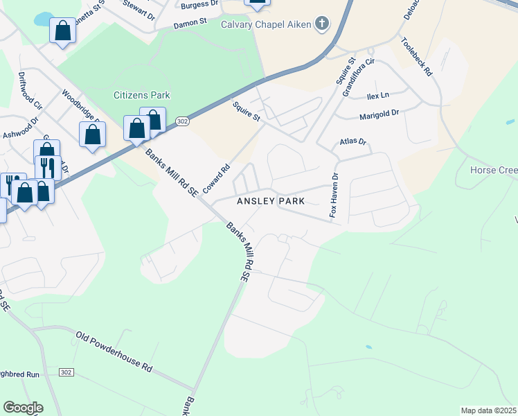 map of restaurants, bars, coffee shops, grocery stores, and more near 125 Kellogg Drive in Aiken