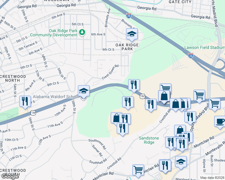 map of restaurants, bars, coffee shops, grocery stores, and more near 1000 Eagle View Drive in Birmingham