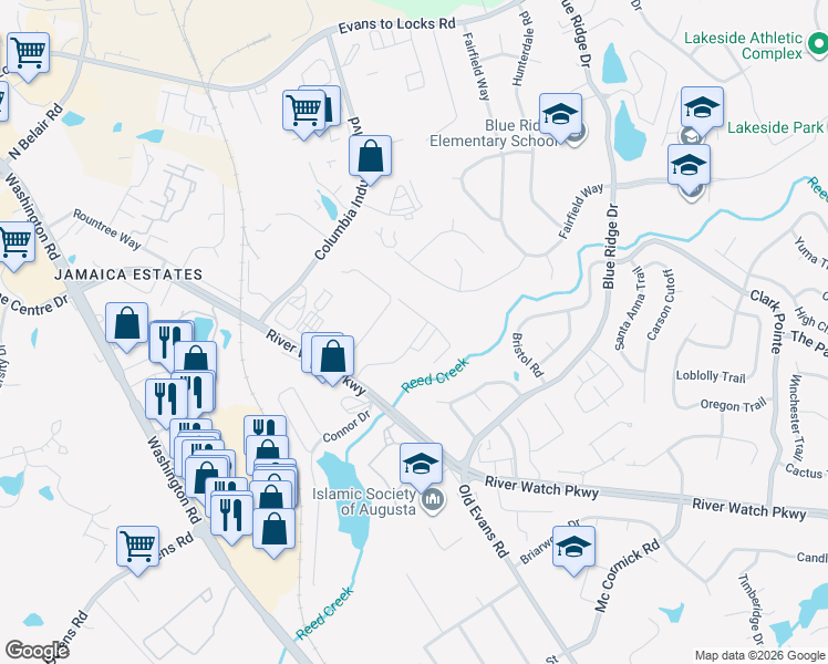 map of restaurants, bars, coffee shops, grocery stores, and more near 4174 Arlington Road in Evans
