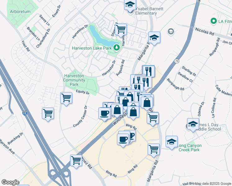 map of restaurants, bars, coffee shops, grocery stores, and more near 40548 Charleston Street in Temecula