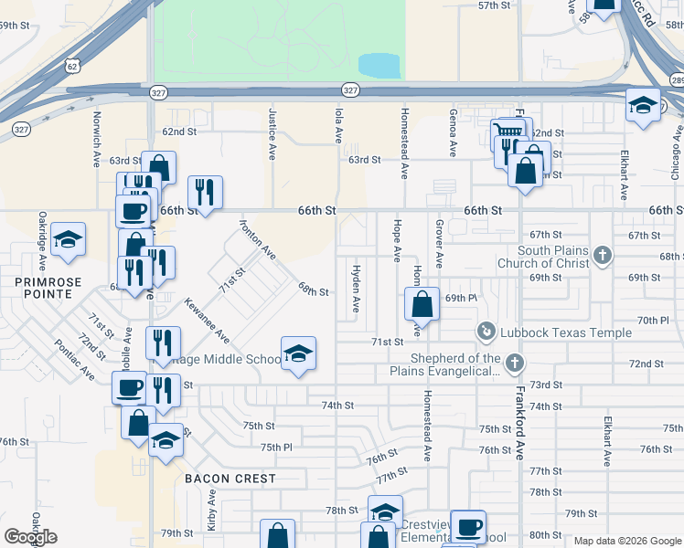 map of restaurants, bars, coffee shops, grocery stores, and more near 6030 68th Street in Lubbock