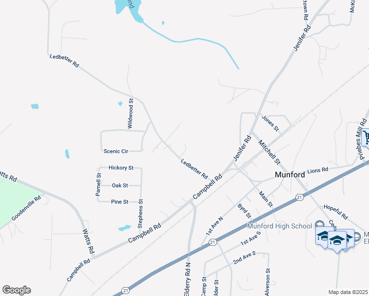 map of restaurants, bars, coffee shops, grocery stores, and more near 300 Ledbetter Road in Munford