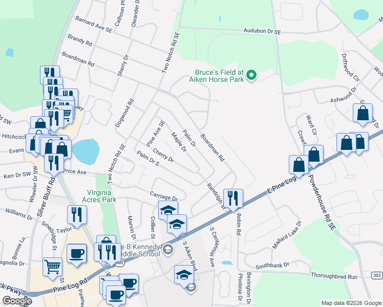 map of restaurants, bars, coffee shops, grocery stores, and more near 739 Palm Drive in Aiken