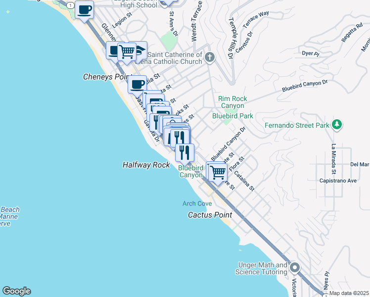 map of restaurants, bars, coffee shops, grocery stores, and more near 1451 Glenneyre Street in Laguna Beach