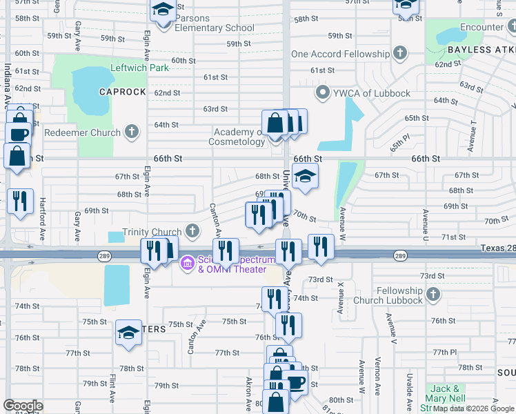 map of restaurants, bars, coffee shops, grocery stores, and more near 2514 70th Street in Lubbock
