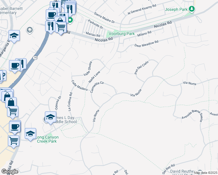 map of restaurants, bars, coffee shops, grocery stores, and more near 40380 Carmelita Circle in Temecula