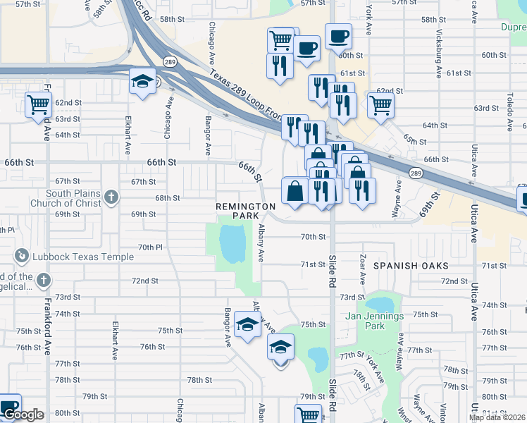 map of restaurants, bars, coffee shops, grocery stores, and more near 5301 69th Street in Lubbock