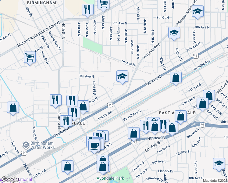 map of restaurants, bars, coffee shops, grocery stores, and more near 505 43rd Street North in Birmingham