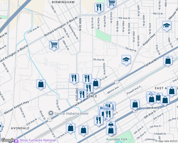 map of restaurants, bars, coffee shops, grocery stores, and more near 575 40th Alley North in Birmingham