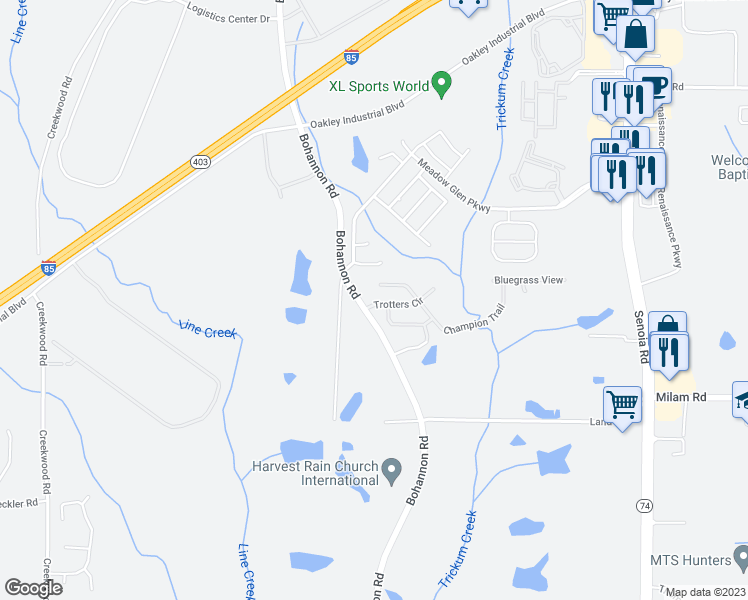 map of restaurants, bars, coffee shops, grocery stores, and more near 6095 Trotters Circle in Fairburn