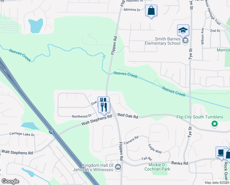 map of restaurants, bars, coffee shops, grocery stores, and more near 121 Grand Oaks Way in Stockbridge