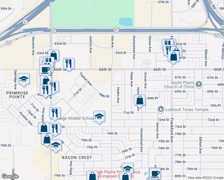 map of restaurants, bars, coffee shops, grocery stores, and more near 6601 Iola Avenue in Lubbock