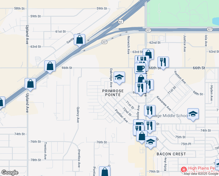 map of restaurants, bars, coffee shops, grocery stores, and more near 6702 Oak Ridge Avenue in Lubbock
