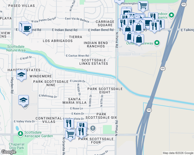 map of restaurants, bars, coffee shops, grocery stores, and more near 6526 North 87th Street in Scottsdale