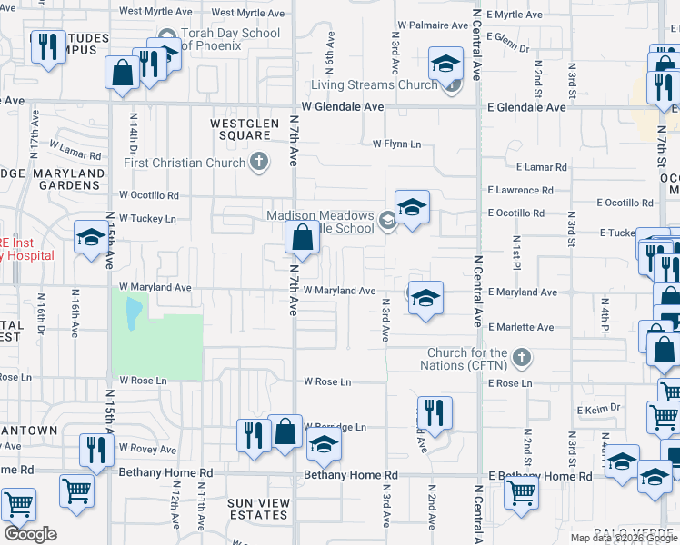 map of restaurants, bars, coffee shops, grocery stores, and more near 6547 North 5th Avenue in Phoenix