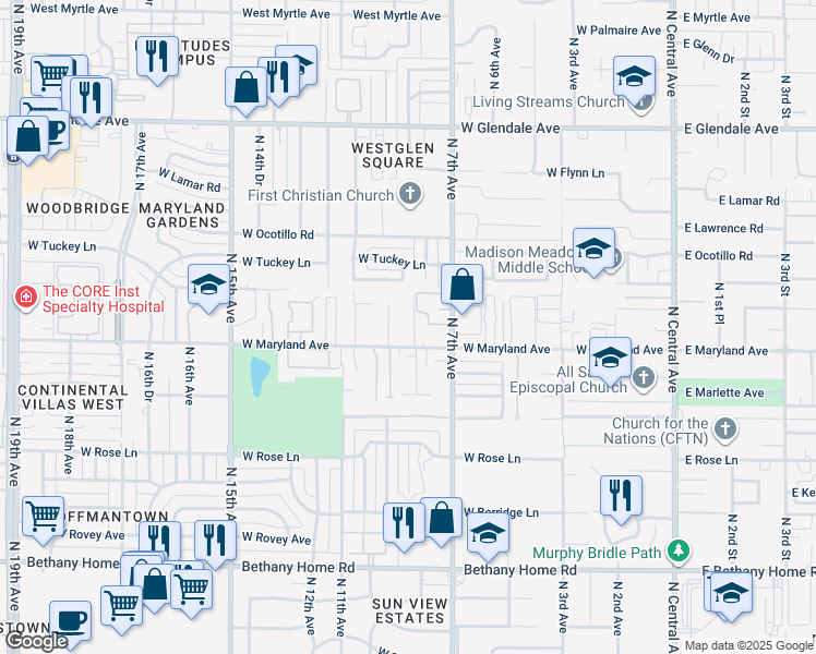 map of restaurants, bars, coffee shops, grocery stores, and more near 6533 North 10th Avenue in Phoenix