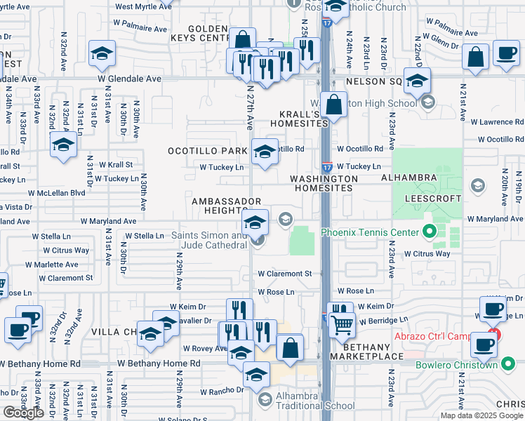 map of restaurants, bars, coffee shops, grocery stores, and more near 2540 West Maryland Avenue in Phoenix