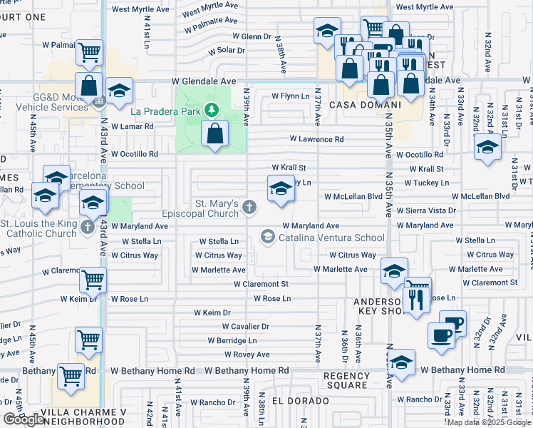 map of restaurants, bars, coffee shops, grocery stores, and more near 6615 North 39th Avenue in Phoenix
