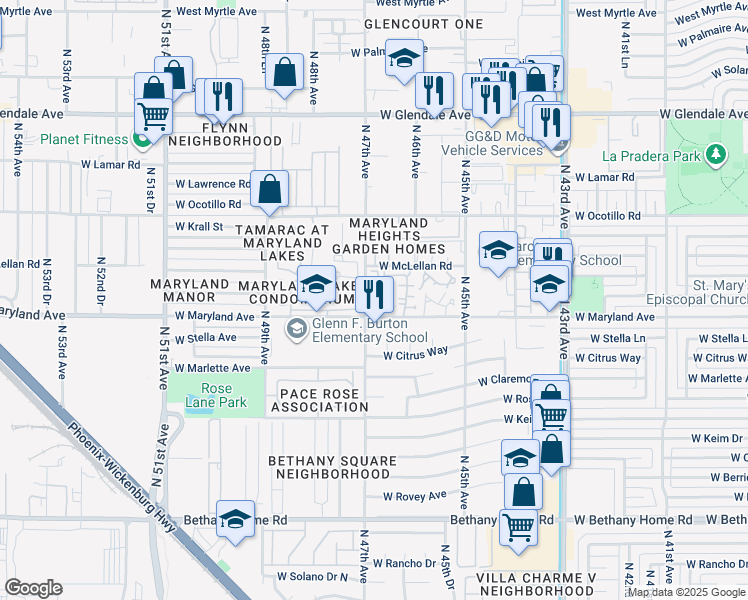 map of restaurants, bars, coffee shops, grocery stores, and more near 4608 West Maryland Avenue in Glendale
