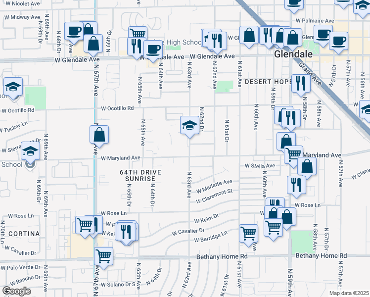 map of restaurants, bars, coffee shops, grocery stores, and more near 6534 North 63rd Avenue in Glendale