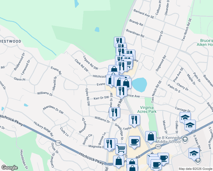 map of restaurants, bars, coffee shops, grocery stores, and more near 1000-1002 Evans Road in Aiken