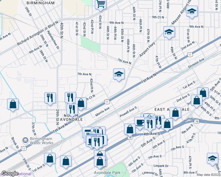 map of restaurants, bars, coffee shops, grocery stores, and more near 529 43rd Street North in Birmingham