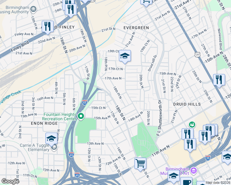 map of restaurants, bars, coffee shops, grocery stores, and more near 1630 18th Place North in Birmingham