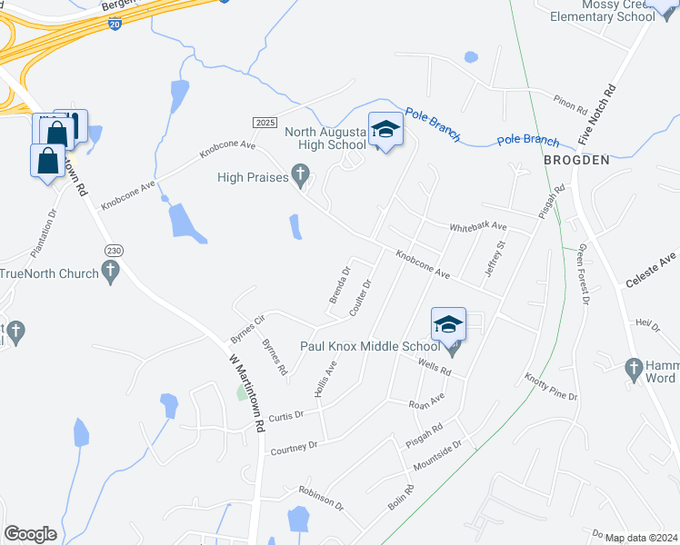 map of restaurants, bars, coffee shops, grocery stores, and more near 1910 Brenda Drive in North Augusta