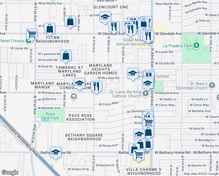 map of restaurants, bars, coffee shops, grocery stores, and more near 4571 West McLellan Road in Glendale
